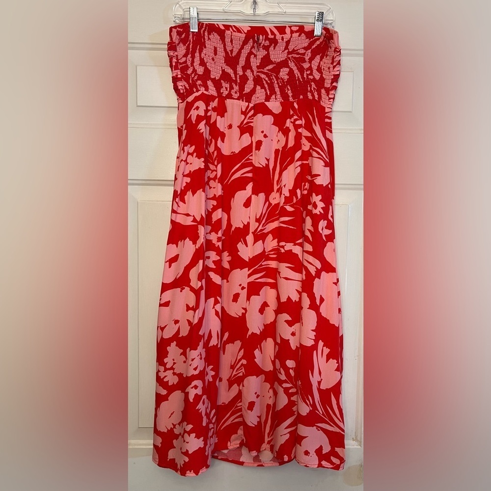 🌺 Anthropologie Lost + Wander Strapless Red Floral Midi Dress - Picture 3 of 9